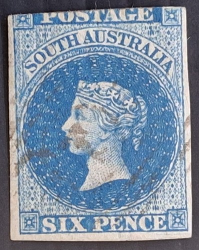 1857 South Australia 6d Slate Blue Imperf 1st S/F stamp Adelaide Print Used £250