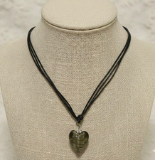 Art Glass Puffy Heart Pendant Necklace Black Cord