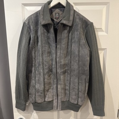 Vintage Man At Ease Herren Grau Leder Strick Jacke Full Zip Kragen Größe XL