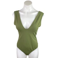 Free People Keep It Sleek Green Sleeveless Plunge V-Neck Bodysuit Tank Top OS