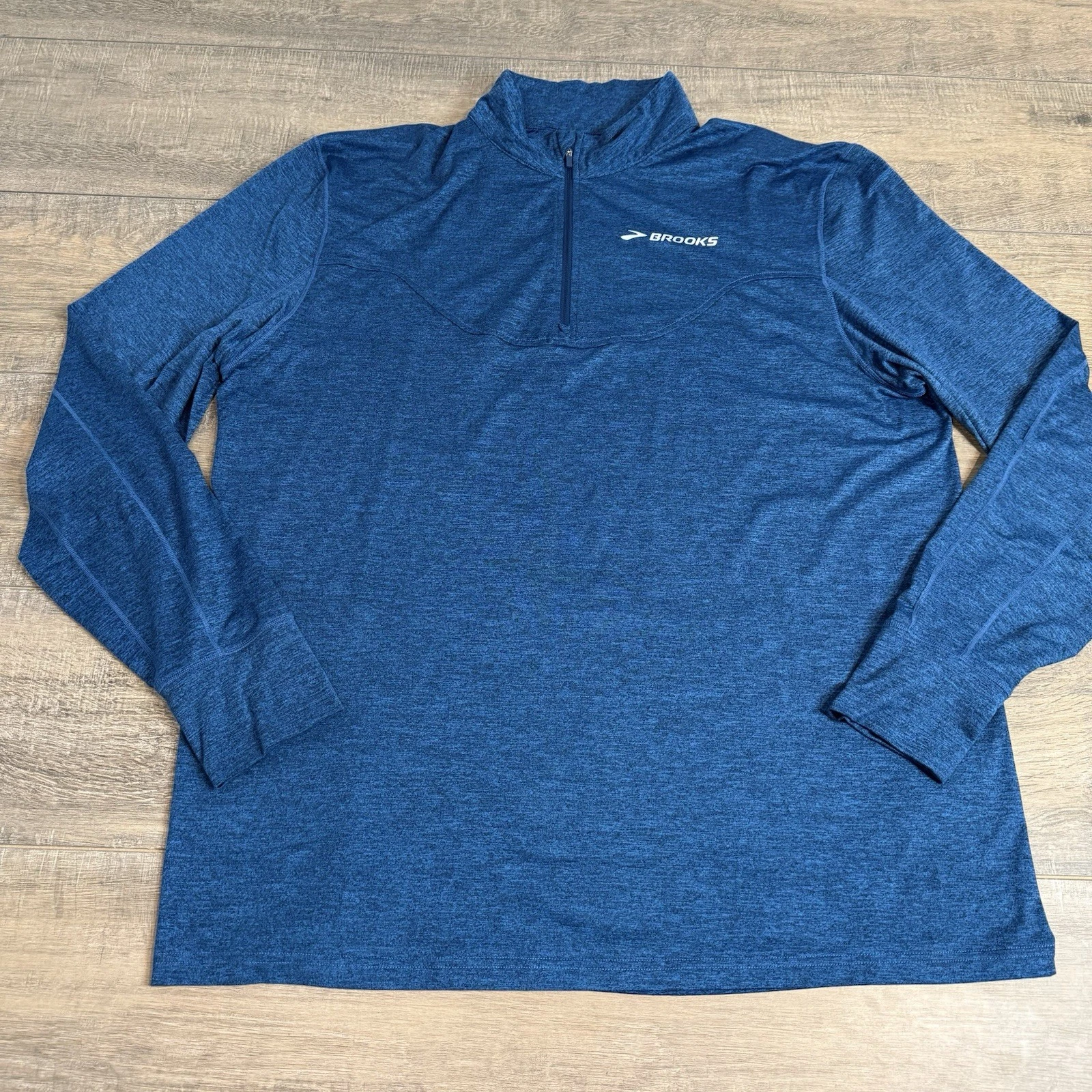 Brooks Running Mens Long Sleeve 1/4 Zip Shirt Size (2XL) Blue W/ Thumb Holes B13