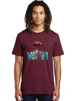 Floating-Bear-Over-City Mens Graphic Tee, 100% Cotton, Casual Summer Wear