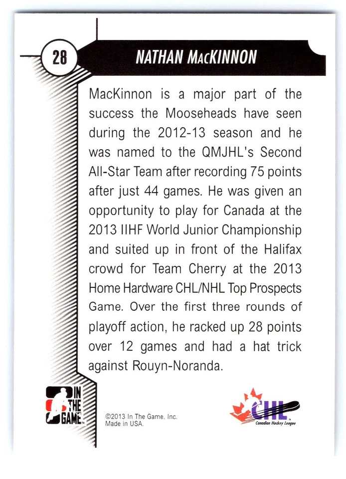 2012-13 In The Game Draft Nathan MacKinnon Rookie Emerald Parallel #/50 RC #28 - Image 2 of 2