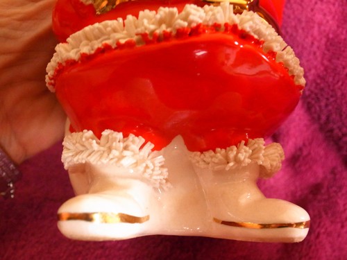 Vintage 1950's Japan Christmas Santa Claus Coin Bank Holly Spaghetti Gold Trim - 第 10/13 張圖片