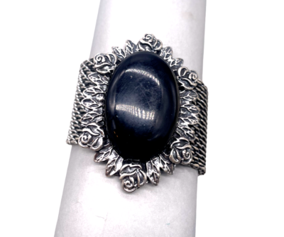 Oxidized Oval Shape Black Stone Mesh Chain Wide Bangle Bracelet