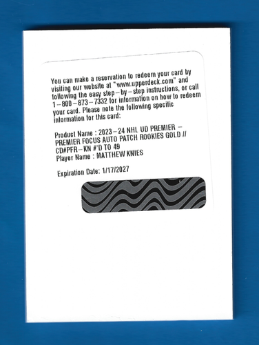 2023-24 UD Premier Focus Matthew Knies Gold RC Auto Patch /49 Redemption Unused