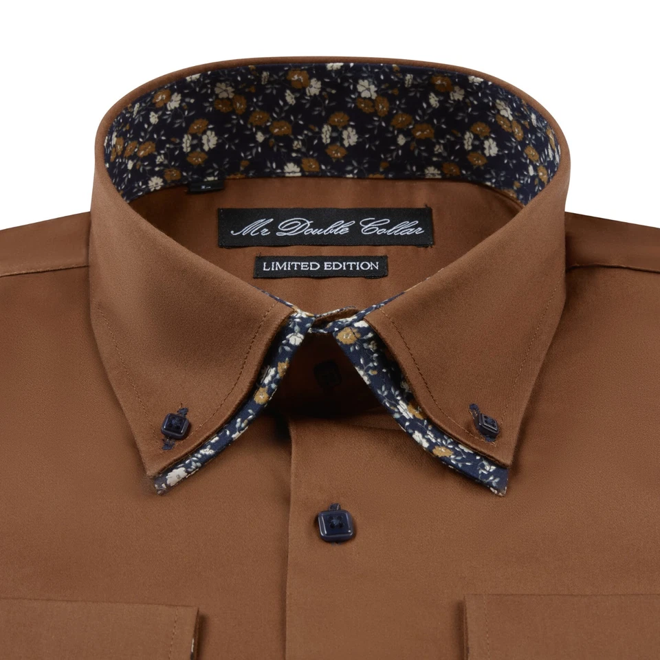 Camicia Formale A Maniche Lunghe Con Collo Doppio Florale Marrone Da Uomo - Immagine 2 di 4