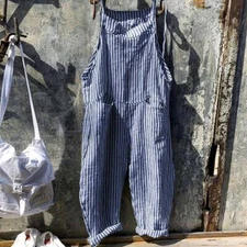 Womens Casual Stripe Loose Playsuit Ladies Jumpsuit Rompers Overalls Dungarees