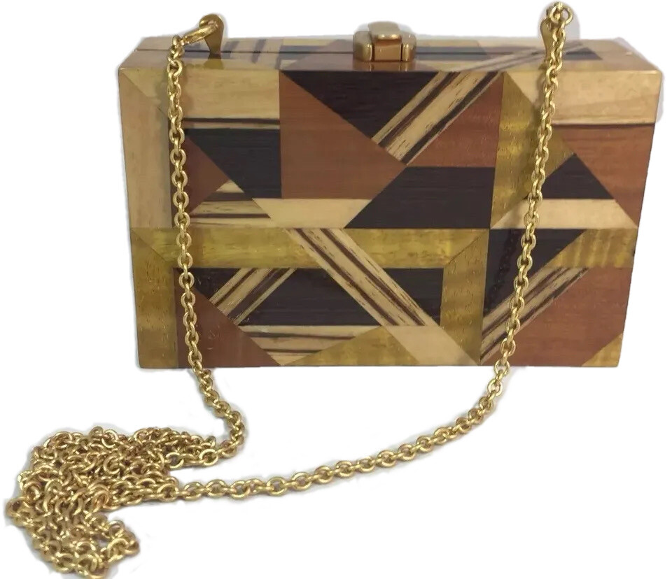Handmade Wood Mosaic Mini Clutch Crossbody Bag Tan Brown