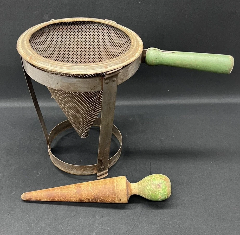 Vtg Sieve Colander Old Green Paint Wood Pestle Cone Strainer In Stand Farmhouse