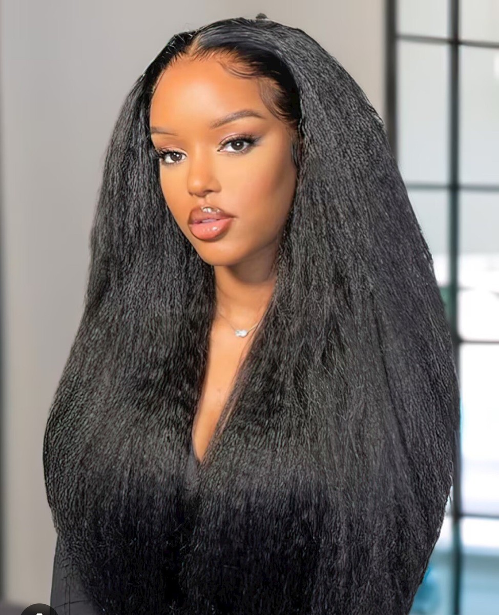 Kinky Straight Natural Black Human Hair 13x4 Lace Front Wig  display picture 1