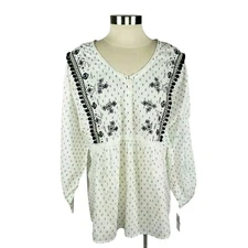 Style & Co Shirt Ivory Embroidered Pom Pom Long Sleeve Peasant Top Petite NWT PM