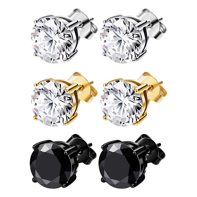 Men's Women's Stainless Steel Cubic Zirconia Earrings 8mm Round CZ