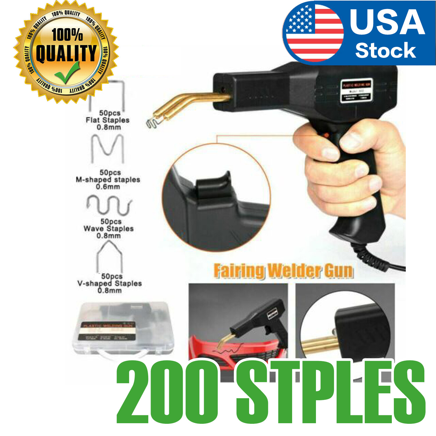 200 Staples Hot Stapler Car Bumper Fender Fairing Welder Gun Plastic Repair Kit-image