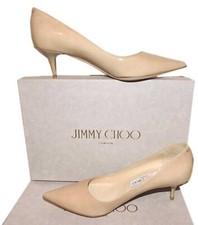 Jimmy Choo Pumps AZA Beige Patent Leather Pointy Toe Low Kitten Heels Shoes 37