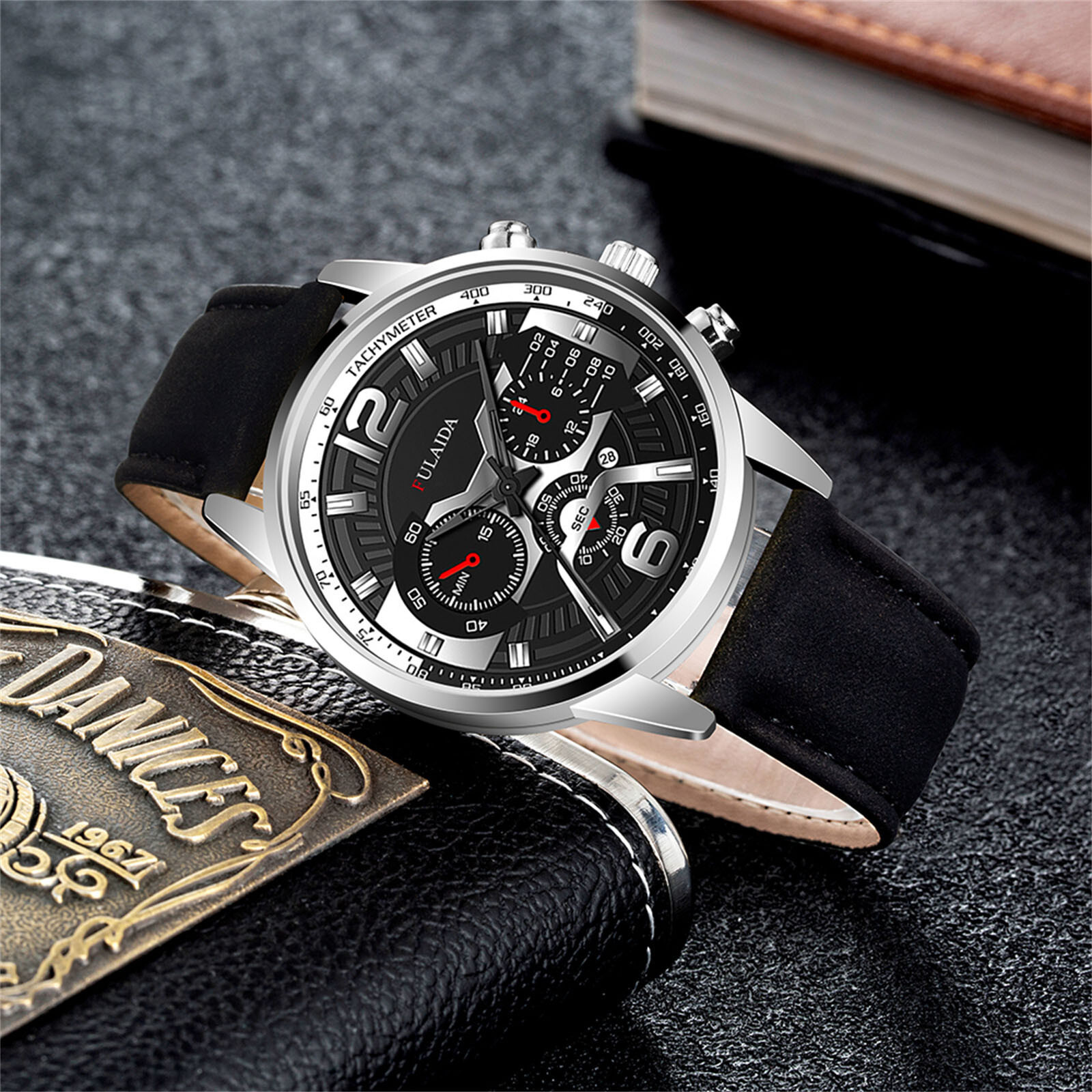 Men's Watch Leather Band Stainless Steel Case Quartz Analog Sports