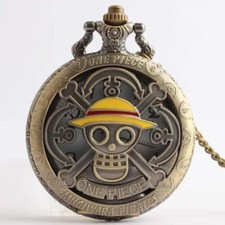 Antique Bronze Pirate Skulll Anime One Piece Quartz Pocket Watch Necklace WORKS 
