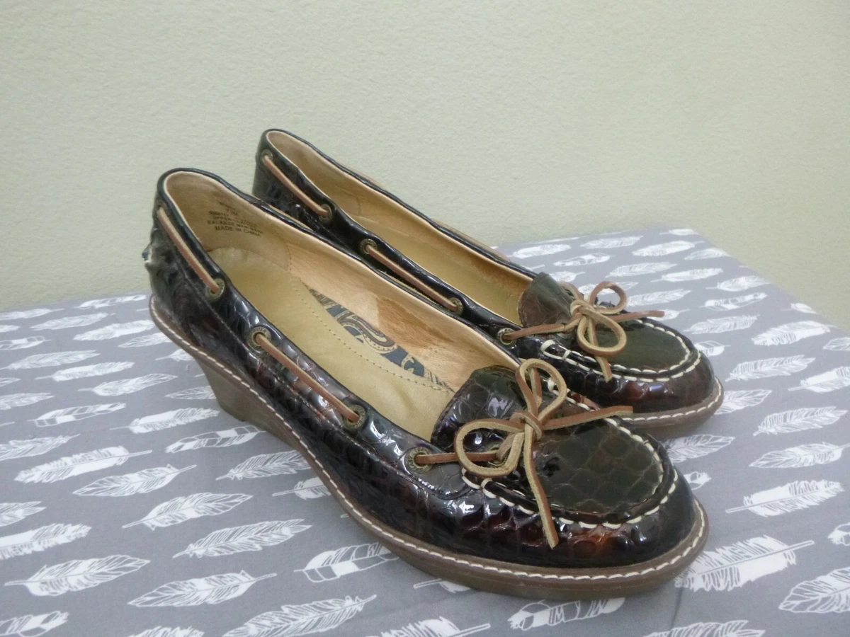 SPERRY TOP SIDER 7.5 Brown Croc Patent Leather Moccasin Tie Deck Boat Wedge Heel