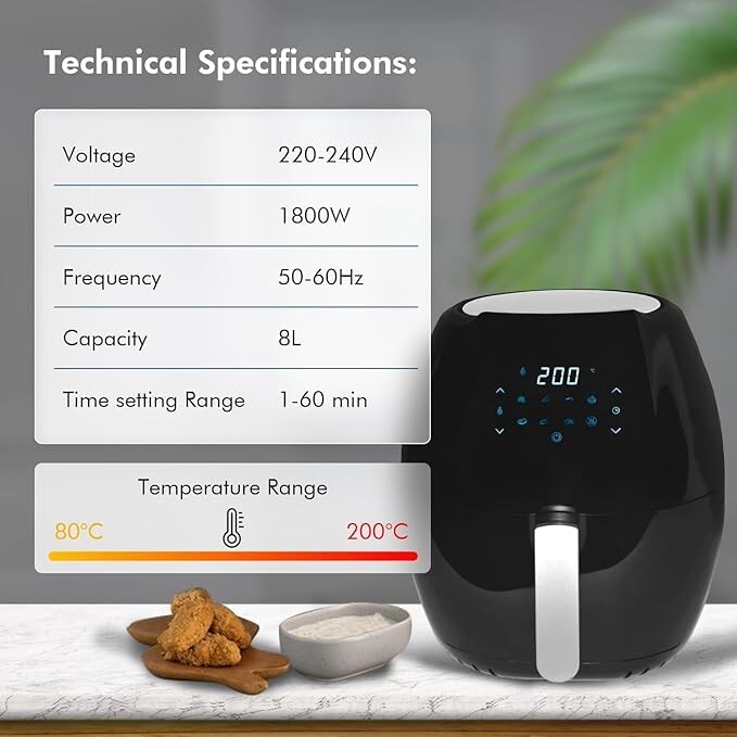 8L Digital Air Fryer 1800W MultiUse Oven Cooker for OilFree