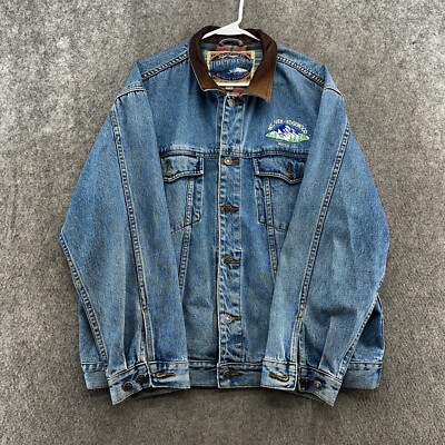 Dunbrooke Upstream Jacket Mens XL Blue Med Wash Leather Trim Denim Trucker  Coat