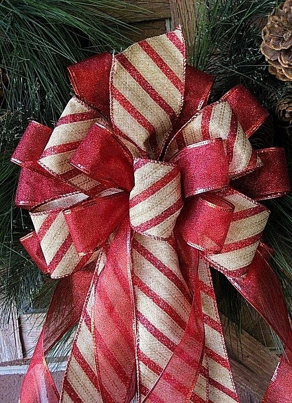 10" X 24" CHRISTMAS CANDY CANE STRIPE WIRED RIBBON BOW WREATH SWAG TREE # 54 rb - Image 2 of 3