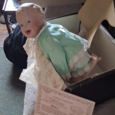 Baby Doll Girl Doll Green  White Outfit Blonde Straight Hair Brown Eyes Light