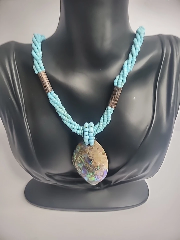 Collar Vintage Azul Cuentas Madreperla Abulón Colgante Palanca Joyería Foto 4 de 4