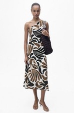 MANGO MNG One Shoulder Midi Dress Size 18 Plus Abstract Print Brown Summer Boho