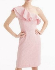 J Crew Off One-Shoulder Ruffle Dress Pink Pin Striped Seersucker Size 10 NWT 029