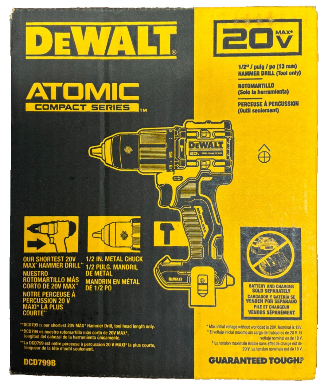 DeWalt Genuine DCD799B ATOMIC COMPACT 20V Brushless 1/2” Hammer Drill Tool Only