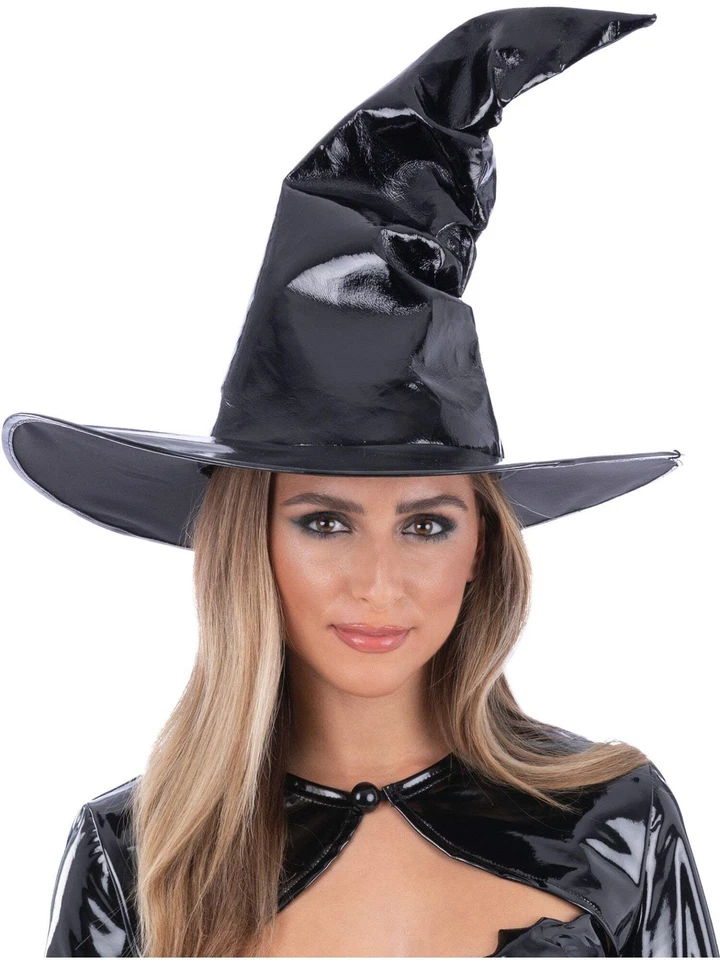 Fieber Wetlook Hexenhut Damen Halloween Hexenhut Schwarz PVC Kostüm - Bild 1 von 1
