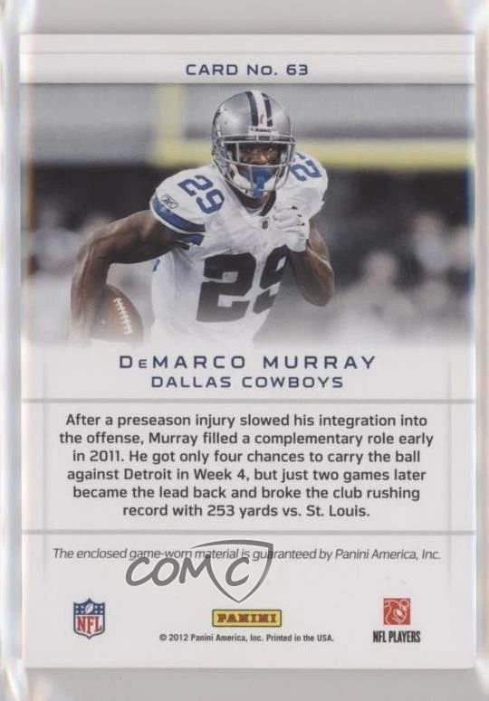 2012 Playoff Prestige Gamers Materials Prime DeMarco Murray #63 - Image 2 of 2