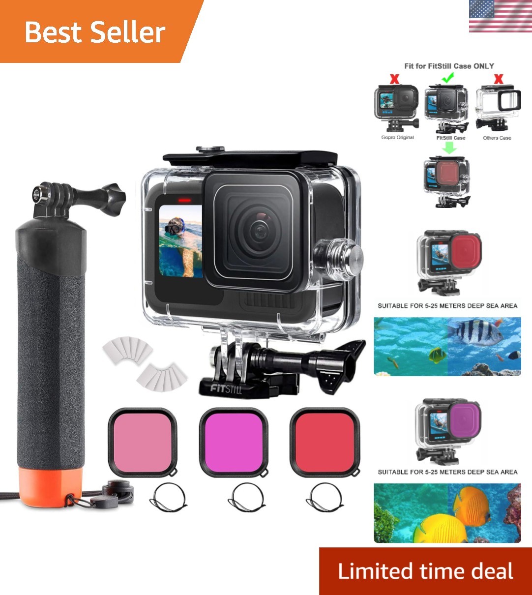 GoPro Hero Protective Case & 3-Pack Filters - 60M Waterproof with Floating Grip-image