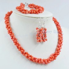 3 Rows 6mm Natural Orange Coral Round Gems Beads Necklace Bracelet Earring Set