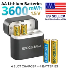 ECOCELL 4 or 8 AA 3600mWh Lithium Batteries with Travel Compact USB-C Charger