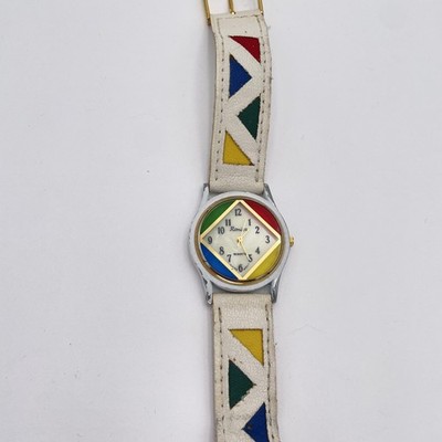 Vintage Romica Watch White Leather Band Color Block Dial Geometric Design Quartz