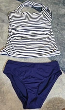 Tempt Me Navy Blue White Striped Halter Neck Tankini Swim Set Women's Size Small