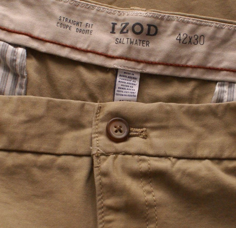 Pantalones Chinos IZOD Agua Salada Calce Recto Caqui Para Hombre 42X30, NUEVO Foto 3 de 3