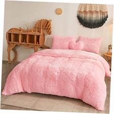 Luxury Shaggy Faux Fur Duvet Cover Set, Soft 3 Pieces Fluffy Queen Pink