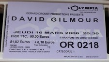 ticket billet used place concert DAVID GILMOUR 2006 Olympia PARIS  PINK FLOYD