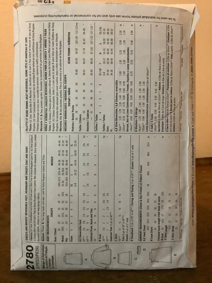 Sewing Pattern Daisy Kingdom 2780 Reversible Vest Headband Caot & Skirt XS-XL - Image 2 of 2