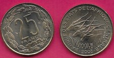 CENTRAL AFRICAN STATES 25 FRANCS 2003 UNC THREE GIANT ELAND LEFT,DATE BELOW,DENO