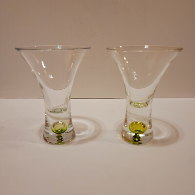 2 Vintage Hand-Blown Shot Cordial Glasses with Green Bubble in Stem