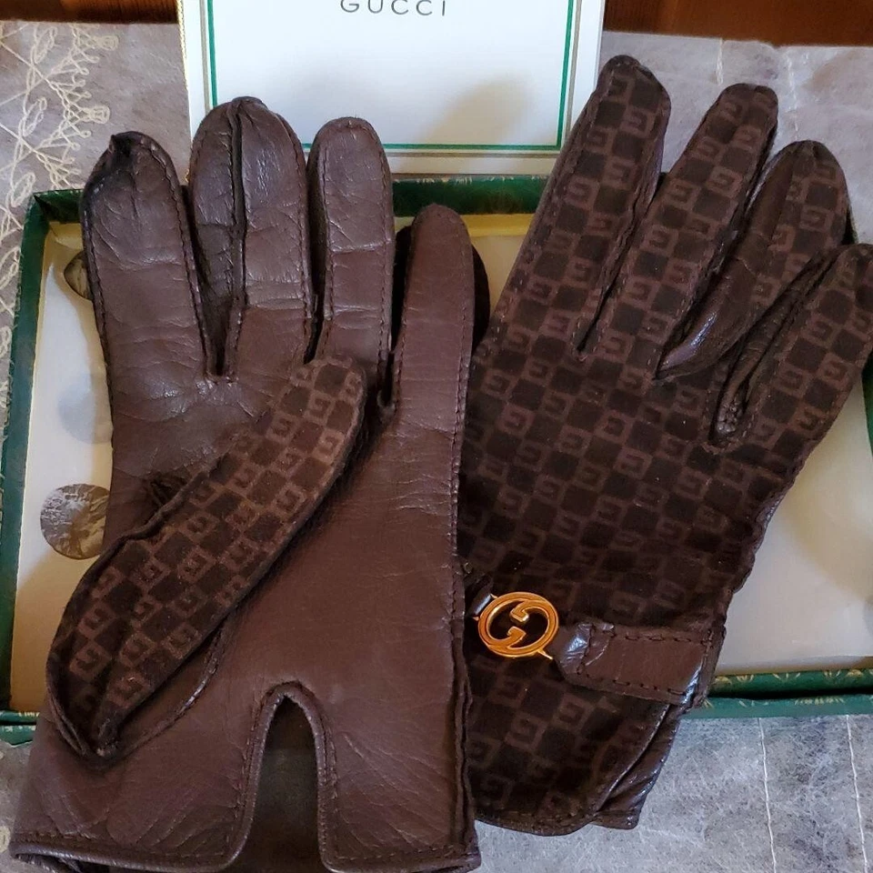 Guantes GUCCI Vintage Talla SS-S Marrón Gamuza Suave Cuero Genuino Logo Para Mujer Foto 2 de 2