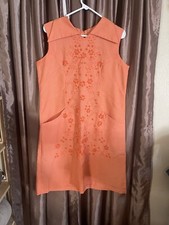 1960s Orange Floral Sleeveless Shift House Dress w/Front Pockets