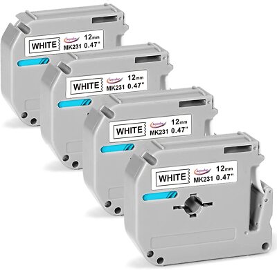 4PK M-K231 M231 For Brother P-Touch 12mm Label Tape White 1/2'' PT-55 PT-85 PT-70