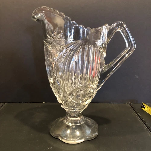 EAPG US Glass Co Banner Gloved Hand Footed Pedestal Milk Handle Pitcher