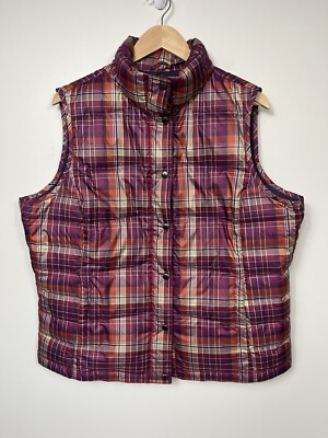 Lands' End Jacket Vest Women XL 18 Maroon Plaid Down Puffer Mock Neck Snap Down