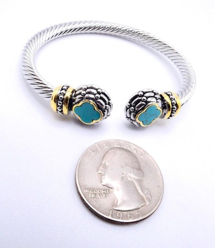 UNIQUE 18kt Gold Plated Cable Dots Texture Turquoise Clover Flower Cuff Bracelet - Picture 8 of 11