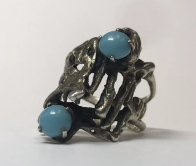 VINTAGE STERLING SILVER BLUE TURQUOISE OPEN NUGGET RING UGLY CUFF STYLE SZ 